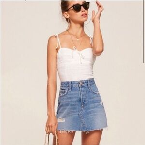 Reformation Retooled Denim Mini Jean Skirt Salton Wash Distressed Size 29